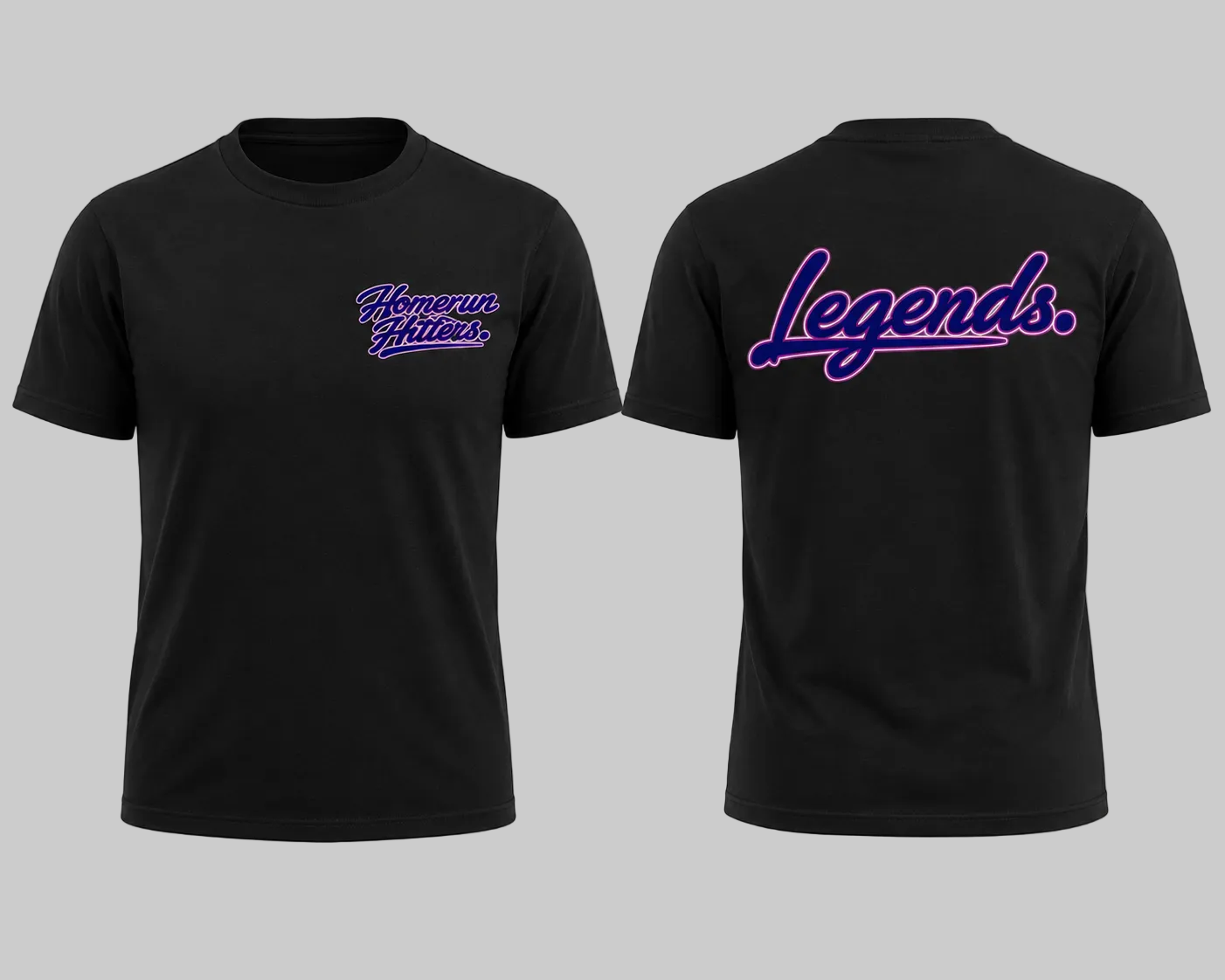 Black t-shirt with 'Homerun Hitters' on the front and 'Legends' on the back, displayed on a white background.