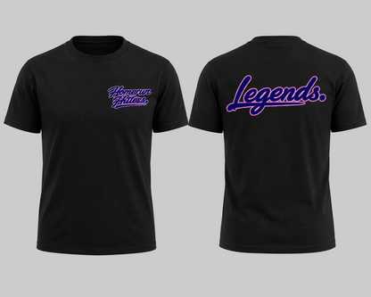 Black t-shirt with 'Homerun Hitters' on the front and 'Legends' on the back, displayed on a white background.