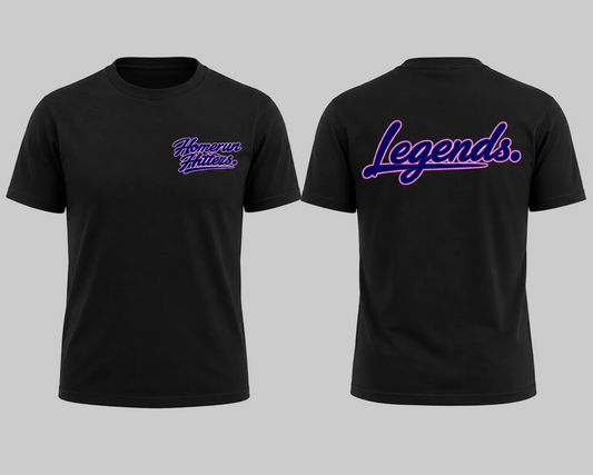 Black t-shirt with 'Homerun Hitters' on the front and 'Legends' on the back, displayed on a white background.